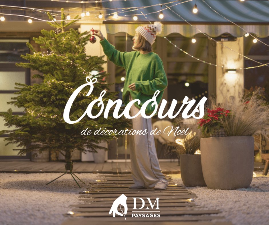 photo d'une femme entrain de décorer un sapin de noël. on y voit le texte suivant : "coucours de décorations de Noël" et le logo de DM Paysages