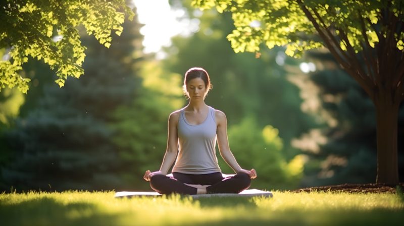 Image d'une femme en position tailleur, les yeux fermé, entrain de se relaxer. Elle se trouve au milieu d'un parc avec de nombreux arbres.
